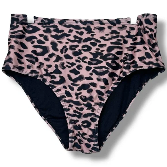 Boutique Pink Brown Cheetah Print High Waisted Full Coverage Bikini Swim Bottoms - Picture 3 of 5